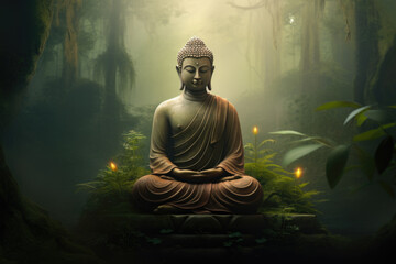 Buddha statue in forest  environment in lotus pose
