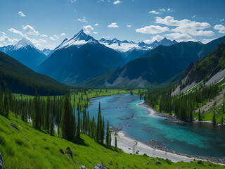 Fototapeta na wymiar Fantastically beautiful landscape. Mountains, rivers, lakes. AI