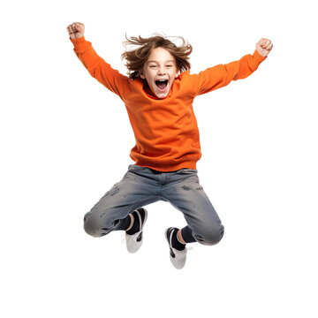 A laughing boy jumping isolated on white or transparent background. AI Generated.