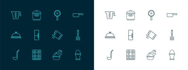 Set line Frying pan, Gas stove, Packet of pepper, Measuring cup and bowl, Refrigerator, and Slow cooker icon. Vector