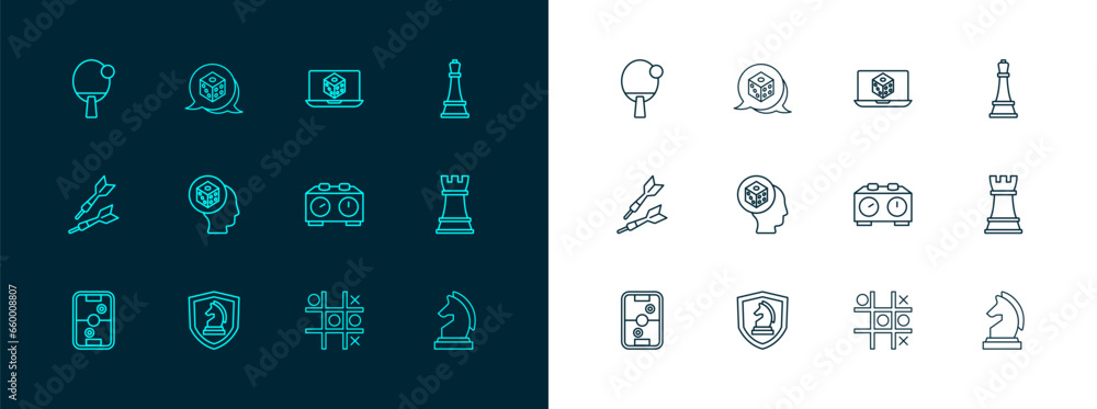 Poster set line chess, time chess clock, tic tac toe game, game dice, racket and icon. vector