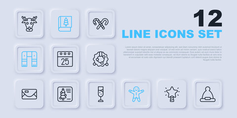 Set line Christmas star, Santa Claus hat, day calendar, Holiday gingerbread man cookie, Winter scarf, postcard, book and Glass of champagne icon. Vector