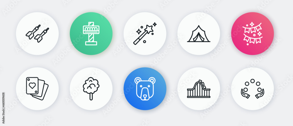 Canvas Prints Set line Bear head, Carnival garland with flags, Playing cards, Roller coaster, Circus tent, Magic wand, Juggling ball and Cotton candy icon. Vector