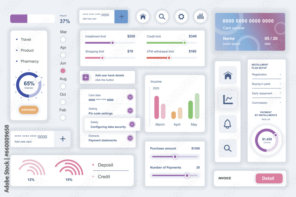 Aufkleber User interface elements set for data analysis mobile app. Kit template with HUD diagrams, statistic charts, financial report, credit card, performance. Pack of UI, UX, GUI screens. Vector components.