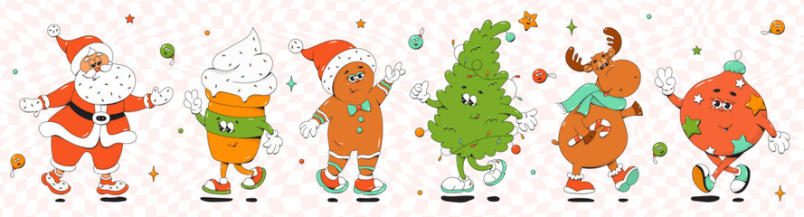 Christmas groovy mascot characters. Santa Claus, cookies, Christmas tree, deer and New Year's ball.