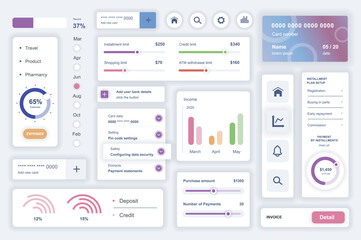 Fototapeta na wymiar User interface elements set for data analysis mobile app. Kit template with HUD diagrams, statistic charts, financial report, credit card, performance. Pack of UI, UX, GUI screens. Vector components.