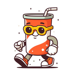 Cartoon retro groovy 70s soda cup mascot character in trendy vintage style, fast food beverage. Takeaway drink, grunge poster. Flat vector illustration, EPS 10.