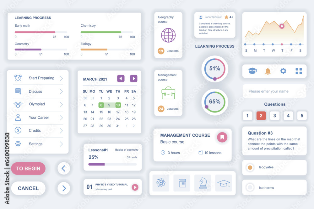 Aufkleber User interface elements set for education mobile app. Kit template with HUD diagrams, learning progress, calendar, lesson plan, profile management. Pack of UI, UX, GUI screens. Vector components.