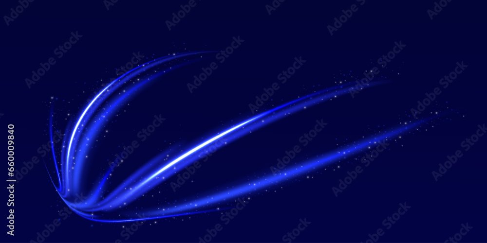 Poster Curved light trail stretched upward.Lines in the shape of a comet against a dark background. Particle motion light effect. Abstract fire flare trace lens flares. Car motion trails