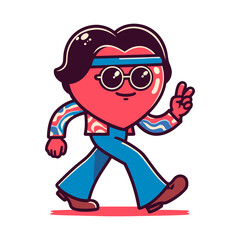 Vintage retro red heart mascot in hippie style. Love, st valentines day holiday, gift card, romantic. Groovy vintage walking character with face, happy expression. Flat vector illustration, EPS 10.
