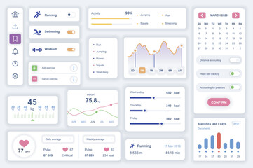 User interface elements set for fitness mobile app. Kit template with HUD diagrams, running, swimming, workout information, training monitoring charts. Pack of UI, UX, GUI screens. Vector components.