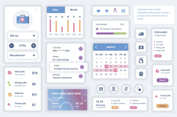 User interface elements set for medical mobile app. Kit template with HUD diagrams, clinic information, diagnosis, pills prescription, online pharmacy. Pack of UI, UX, GUI screens. Vector components.