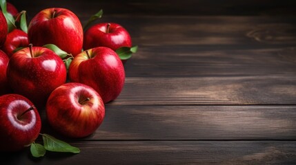 Generate a photography of red apples on wooden background