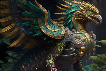 a cyberpunk quetzalcoatl cyber aztec divinity full body flying serpent near the jungle coast ultra HD highly detailed 