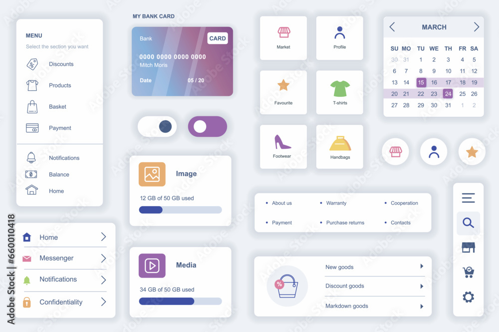 Poster user interface elements set for shopping mobile app. kit template with hud diagrams, profile informa