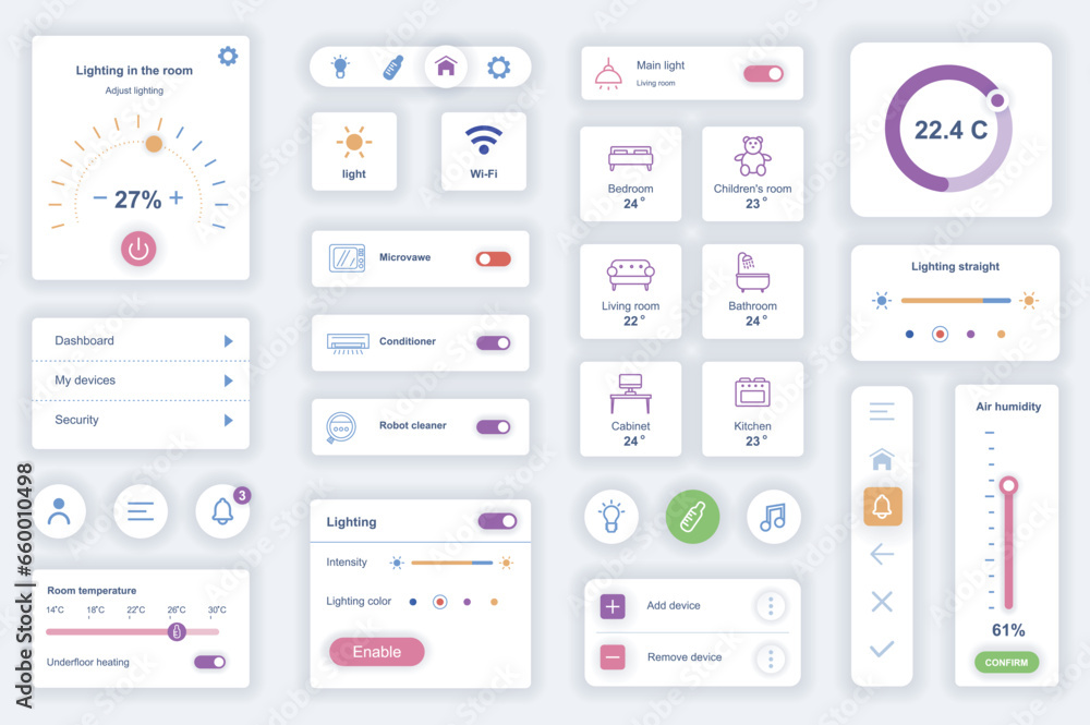 Poster User interface elements set for smart home mobile app. Kit template with HUD diagrams, security control, monitoring temperature, electricity, lighting. Pack of UI, UX, GUI screens. Vector components.