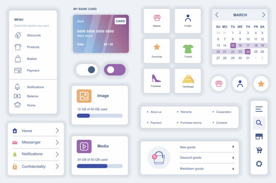 User interface elements set for shopping mobile app. Kit template with HUD diagrams, profile information, credit card payment, basket, search products. Pack of UI, UX, GUI screens. Vector components.