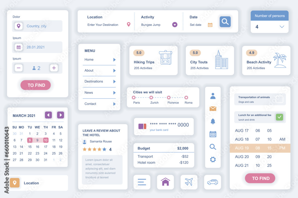 Aufkleber user interface elements set for travel agency mobile app. kit template with hud diagrams, destinatio