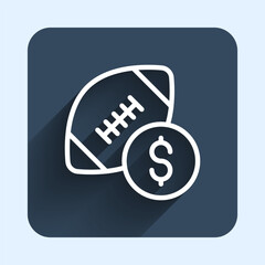 White line American football betting money icon isolated with long shadow background. Football bet bookmaker. Soccer betting online make money. Blue square button. Vector