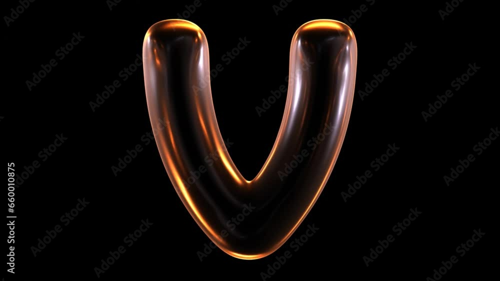 Poster animation of glowing alphabet letter v isolated on black background in 3d rendering.
