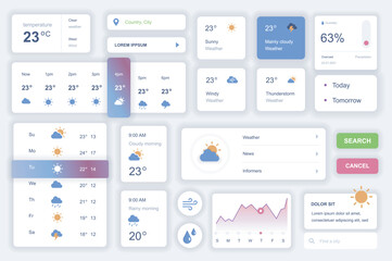 User interface elements set for weather mobile app. Kit template with HUD diagrams, meteorology forecast, temperature, sun, cloud and rain elements. Pack of UI, UX, GUI screens. Vector components. - obrazy, fototapety, plakaty
