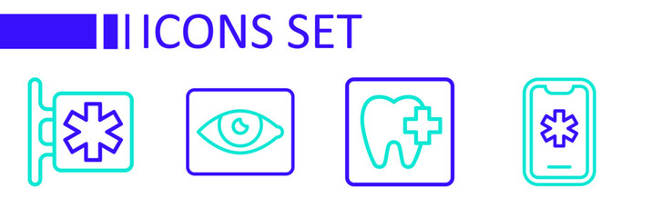 Set line Emergency call 911, Dental clinic location, Red eye effect and - Star of Life icon. Vector