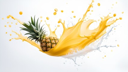 Pineapple bursts with juice splash on isolated white background.