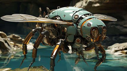 Fototapeta premium a flying robot with a green wings. high quality illustration