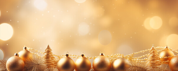 golden glitter christmas ball and small tree decoration arrange at bottom of frame with gold light bright bokeh background, Genertive AI