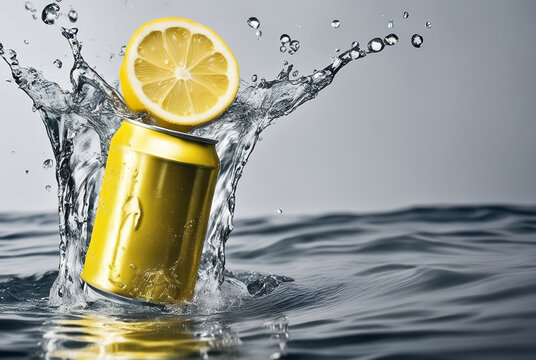 lemon soda/ beer beverage ; creative mock up product photograph of a yellow color aluminum soda can with lemon design isolated in splash of water and lemon slices