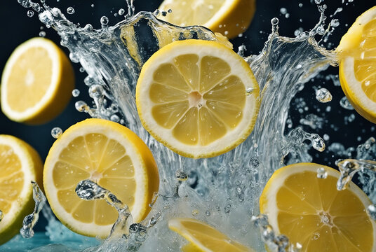Creative food photograph; lemon slices and water splash , cool refreshing beverage 