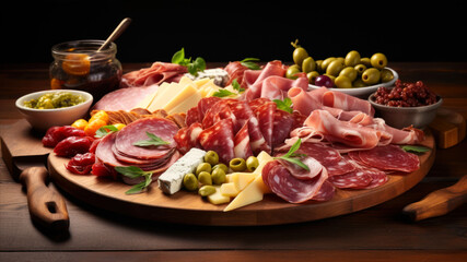 Antipasto platter with salami, ham, cheese and olives - Powered by Adobe