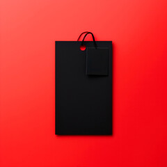 Black paper shopping bag on red background. Flat lay, top view.