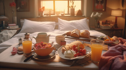 Fototapeta premium Breakfast in bed, cozy hotel room 1, Generative AI.