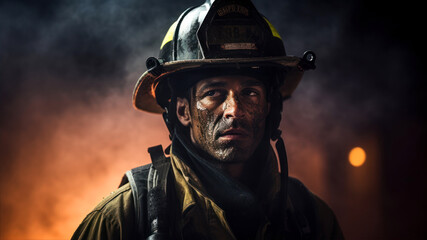 Fototapeta na wymiar Portrait of fireman in uniform and helmet. Firefighter in action.