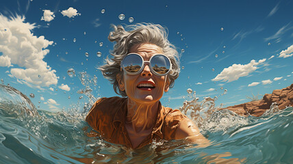 Fototapeta premium elderly woman with a goggles underwater in the sea.
