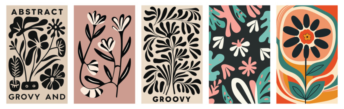 Set of Contemporary Groovy Floral Art - Matisse-Inspired Minimalist Style, Collection.