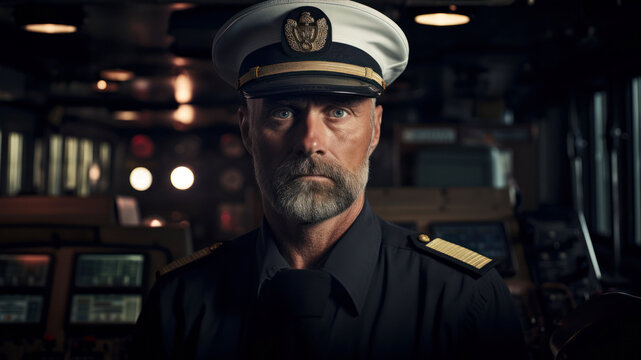 ship captain. Portrait of a pilot in a ship's cabin. Shot in a ship's cabin.