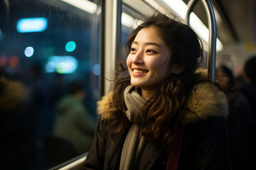 A woman on a commuter bus in Tokyo smiles as she observes the harmonious chaos of the bustling metropolis, her smile a testament to the city's energy. 