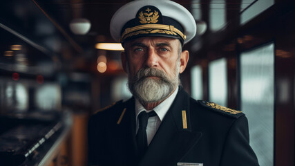Portrait of a pilot in a ship's cabin. Shot in a ship's cabin. - obrazy, fototapety, plakaty