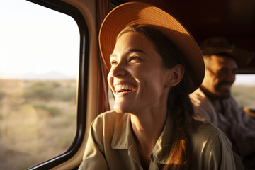 Naklejka premium On an open-air safari bus, a woman grins with excitement as she gets up close to wildlife, her smile capturing the thrill of the African wilderness. 