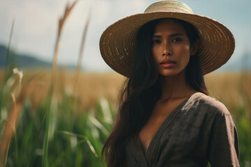 Obraz premium Portrait of a beautiful young woman in a straw hat on a wheat field.