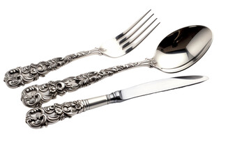 Silver spoon, knife and fork on White Background