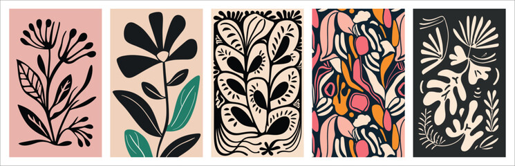Set of Contemporary Groovy Floral Art - Matisse-Inspired Minimalist Style, Collection.