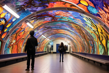 At an underground platform adorned with vibrant mosaics, passengers wait amidst a kaleidoscope of colors, each tile telling a story of the city's history.  - obrazy, fototapety, plakaty