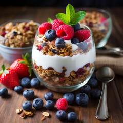 A beautiful breakfast featuring granola, berries, and yogurt a delightful morning feast.