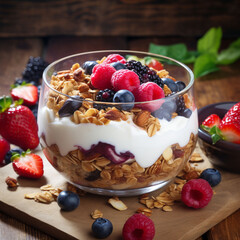 A beautiful breakfast featuring granola, berries, and yogurt a delightful morning feast.