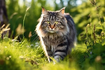 Naklejka na ściany i meble A beautiful fluffy cat walks along a path in the grass