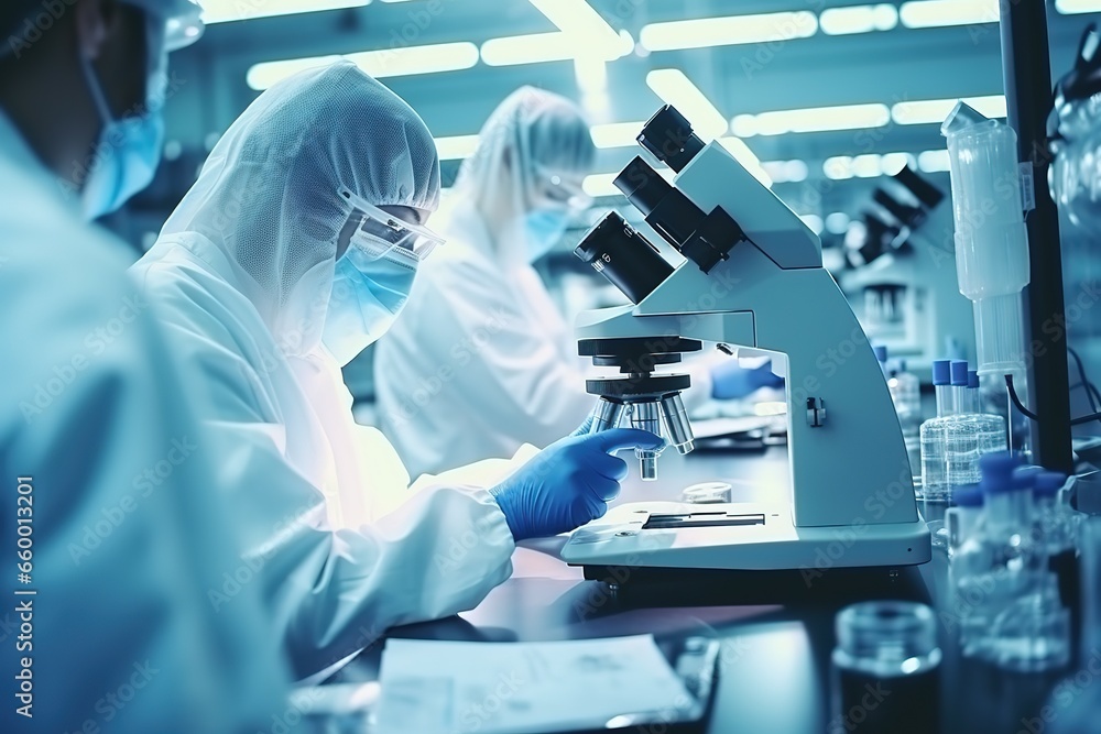 Aufkleber a team of biochemists working with a microscope