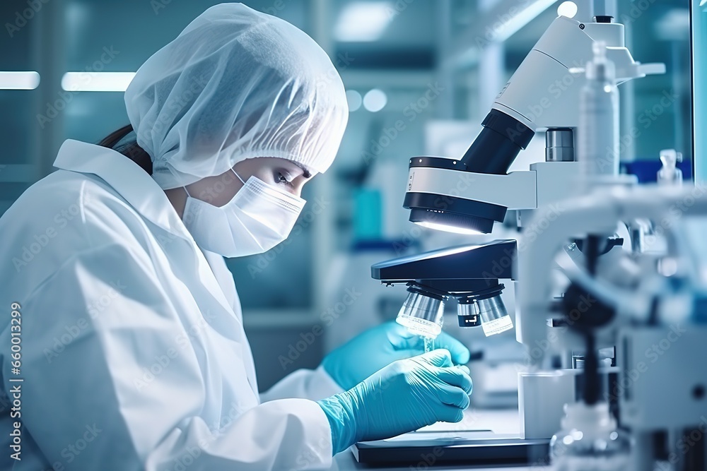 Poster A team of biochemists working with a microscope